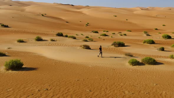 Aerial view of a man walking alone in the dunes of Sharjah desert, U.A.E. alt