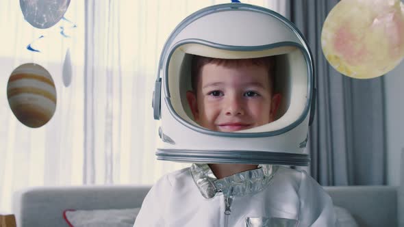 Fantasy Portrait Child Astronaut Flying in Spaceship, Stock Footage