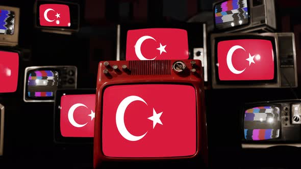 National Flag of Turkey on Retro TVs. 4K.