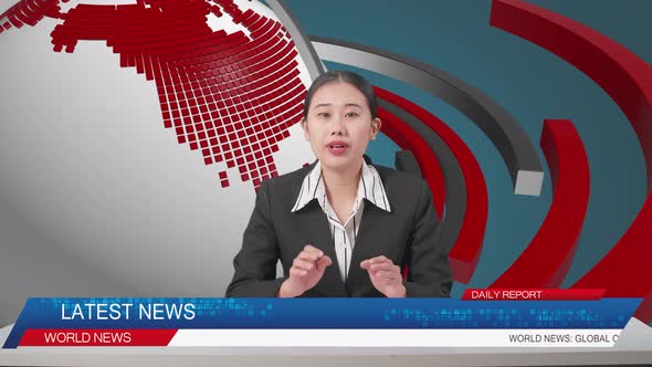 Live News Studio With Asian Professional Female Anchor Reporting On The Events Of The Day alt