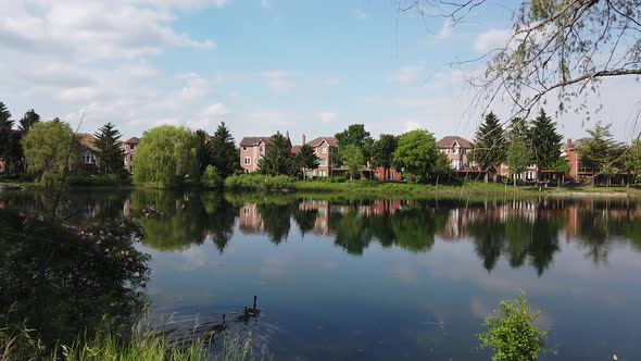 A panning shot of a beautiful lake in the Spring, as geese swim nearby. alt