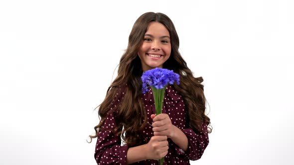 Happy Beautiful Child Long Curly Hair Turning Wildflower Flower Bouquet of Centaurea Spring Joy