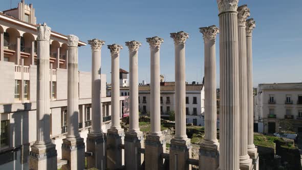 Aerial riser showing marble pillars of ancient Roman temple of Cordoba