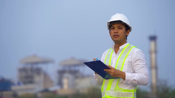 Young engineer working outside near factory.