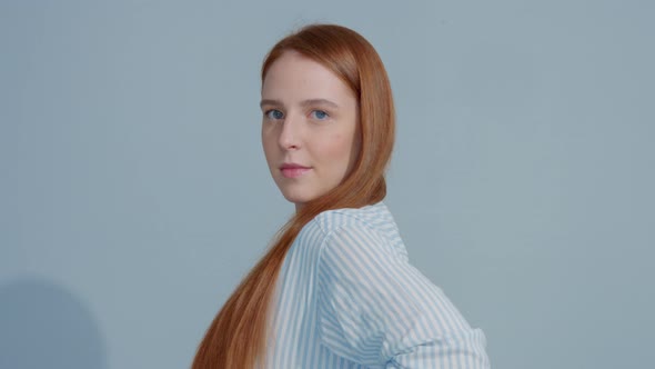 Gingerhead Red Hair, Ginger Hair Model with Blue Eyes on Blue Background