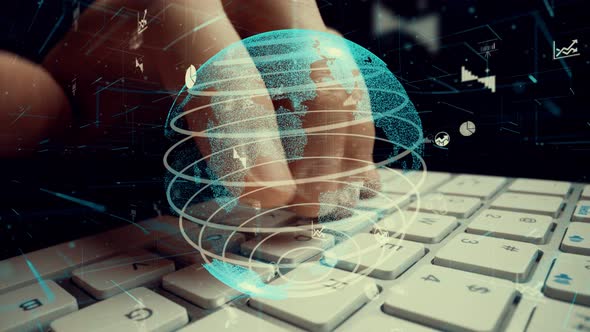 Man working on computer with graphic of business data analytic modernization alt