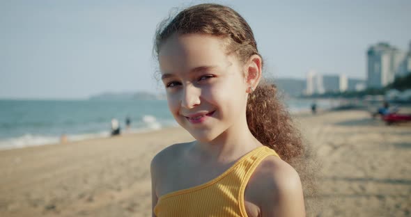 Portrait Funny Happy Little Girl Smiling Child Looking at Camera Cheerful Enjoying Warm Summer alt
