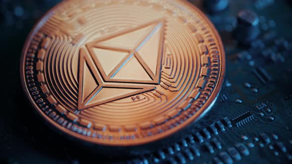 Golden Ethereum Coin on Green Circuit Background alt