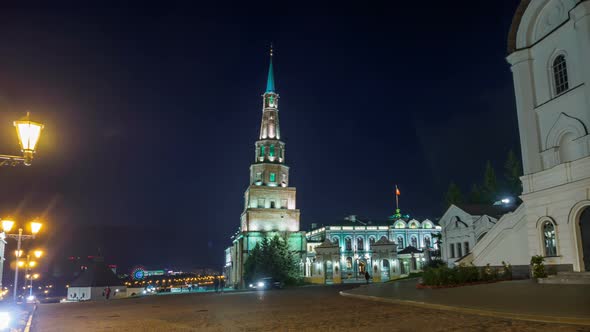 Night view of the Syuyumbike tower in the Kazan Kremlin