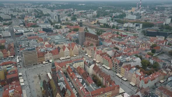 Aerial View of Wroclaw City. Beautiful, Old Town. Crowded Market Square of a Big European City alt