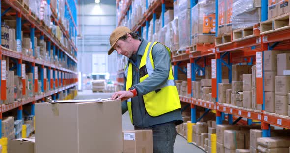 Warehouse worker looking at packages alt