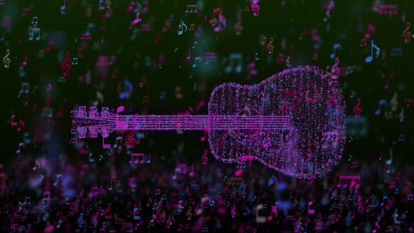 Particles of a Rotating Guitar With Colorful Notes Seamless Loop 4K alt