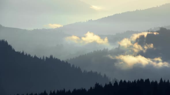 Dawn Fog Over Wooded Mountains