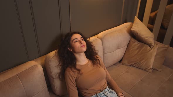 Attractive Young Woman Resting on Couch Healthy Calm Lady Relaxing on Comfortable Sofa Napping Feel alt