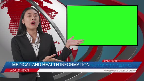 Live News Studio With Female Anchor And Green Screen Television Pointing To Side While Reporting alt