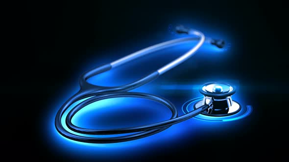 Futuristic Blue Lit Stethoscope with Bokeh and UI