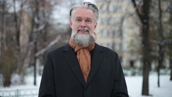gray-haired bearded stylish man in coat outdoors on winter morning alt