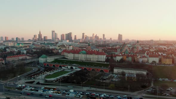 Establishing Aerial Panorama of Warsaw City Cityscape