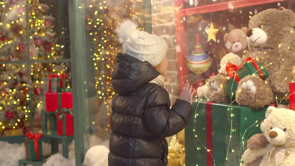 Curious Child Examining Toys in Shop Window