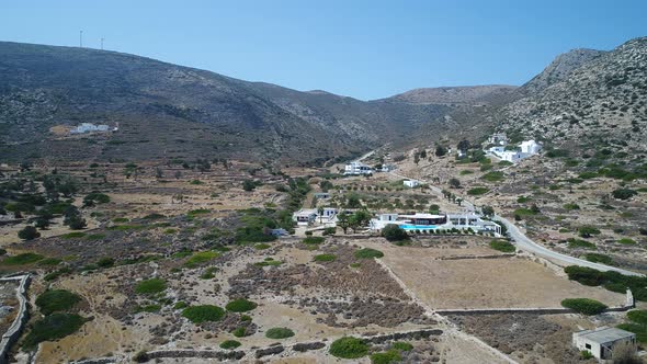 Mylopotas on the island of Ios in the Cyclades in Greece seen from the sky alt
