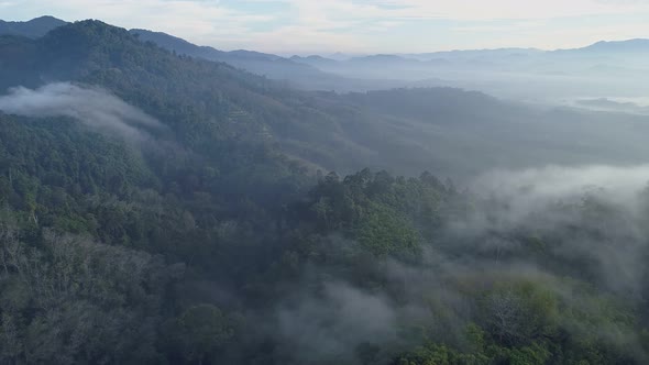 Drone view flying over sea of mist or fog Landscape High angle view Dynamic aerial shot alt
