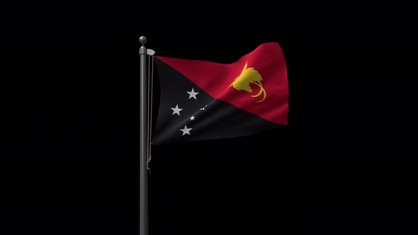 Papua New Guinea Flag On Flagpole With Alpha Channel   4 K alt