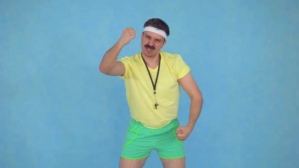 Funny Male Sports Coach with Mustache Motivates alt
