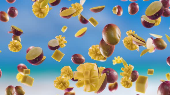 Mango with Slices Falling on Blue Beach Background alt