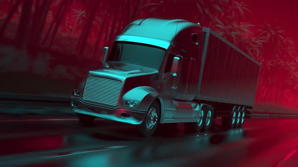Semi truck with trailer driving towards the city. Synthwave stylized loop. 4K alt