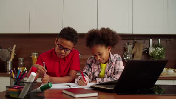 Cute Positive School Age African American Siblings Learning Online at Home alt