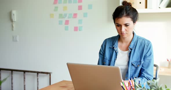 Female executive sitting at desk and using laptop alt