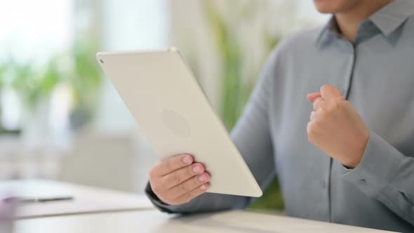 Close Up of African Woman Feeling Frustrated While Using Tablet alt
