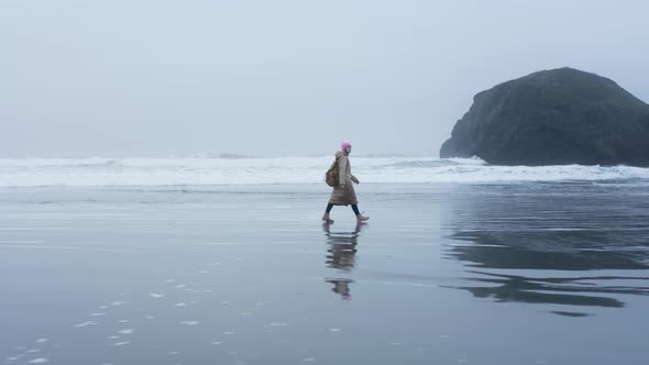 Aerial Woman Walking By Wet Beach Surface with Beautiful Silhouette Reflection alt