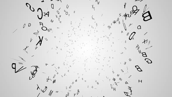 An abstract alphabet explosion animation, camera dollies in, variant 1 alt