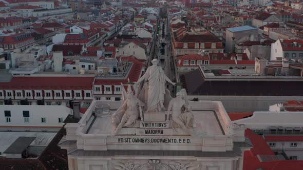 Close Up Aerial View of Monument with Inscription on the Top of Arco Da Rua Augusta in Praca Do alt