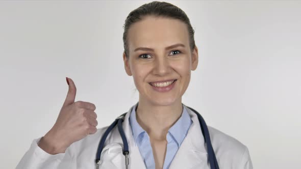 Thumbs Up By Lady Doctor on White Background alt
