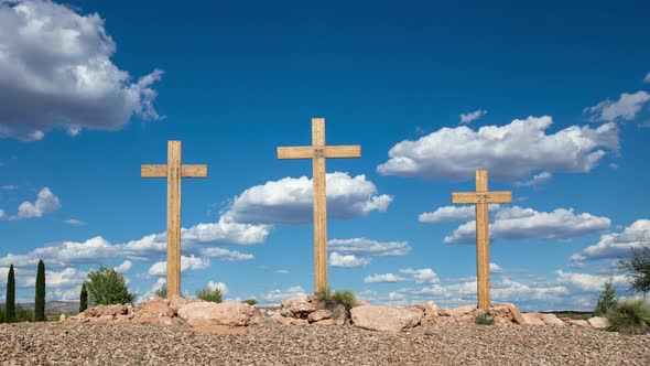 Three Christian Crosses with Cumulus Clouds Timelapse Zoom In