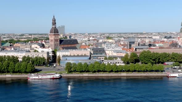 Establishing Aerial Bird Eye View Shot of Riga Riga Skyline Latvia alt