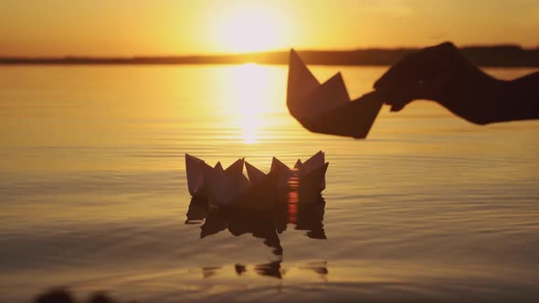 Female's hand putting one paper boat on the water and it joins to other ones at sunset. alt