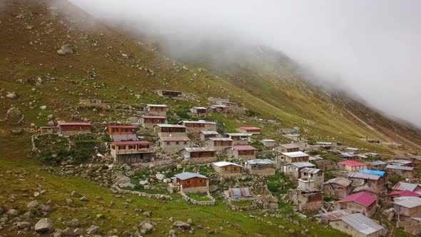 Foggy Green Plateau Houses in Nature, Ayder Scenic, Rize, Turkey