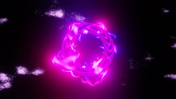 Abstract Neon Violet Light Torus or Ring with Halo on Black Background and Simulated Galaxies