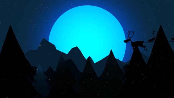 Santa's sleigh drag by raindeers flying in front of bright, full moon. alt