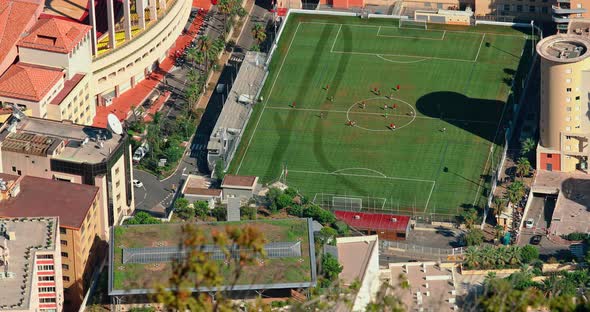 Aerial View of Training Football Field of Monaco at Sunset Monte Carlo View From La Turbie Mountain alt