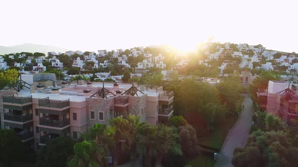 Panorama of dawn over the hotel in Turkey, Bodrum
