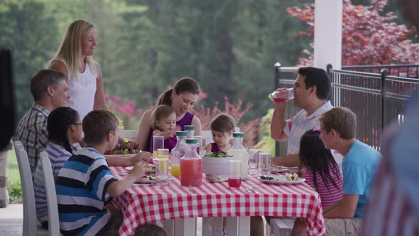 Group of people eating and enjoying a backyard barbeque