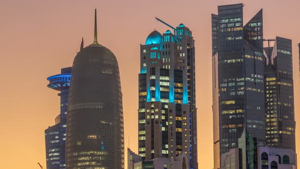 The Highrise District of Doha Day to Night Timelapse After Sunset alt