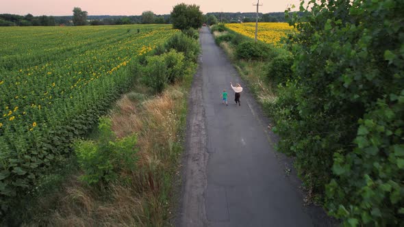 Aerial View of a Happy Child and His Mother Running Across the Field with Sunflower