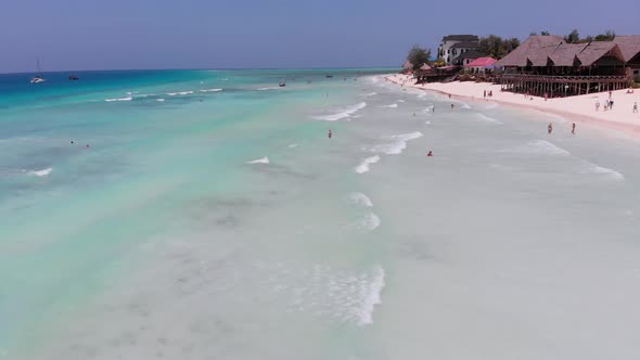 Aerial View Paradise Sandy Beach with Clear Turquoise Ocean Zanzibar Africa alt
