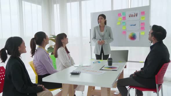 Businesswoman Proficiently Present Work Project Receive Celebrations From Team alt