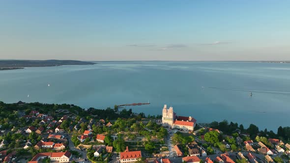 Aerial view of Tihany village overlooking Lake Balaton in Hungary